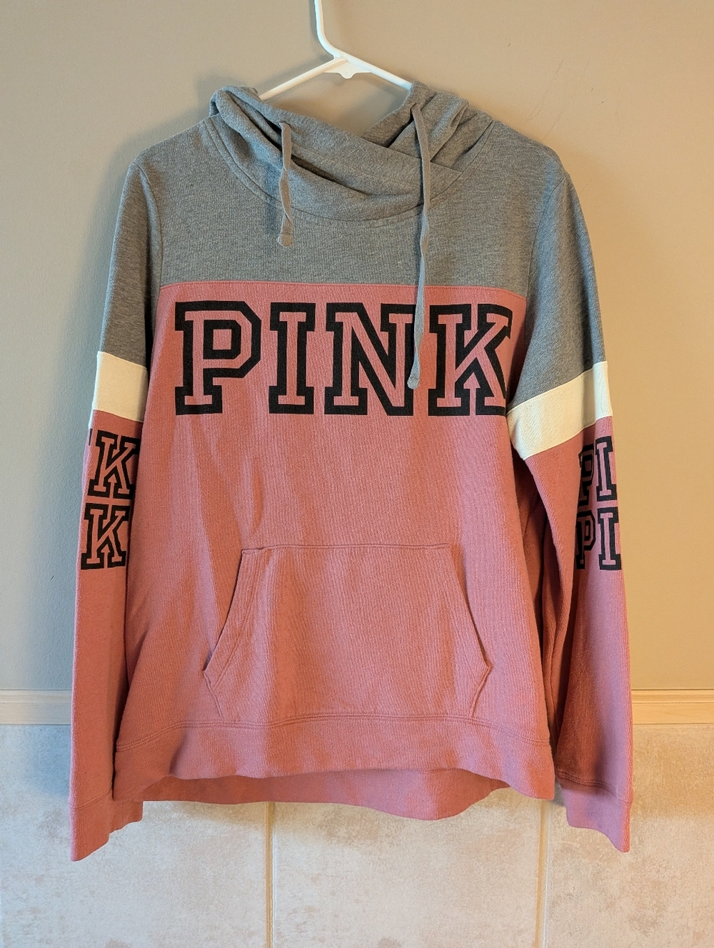 VS PINK, Lightweight Hoodie Sweater, Grey And Dusty Rose, Size M